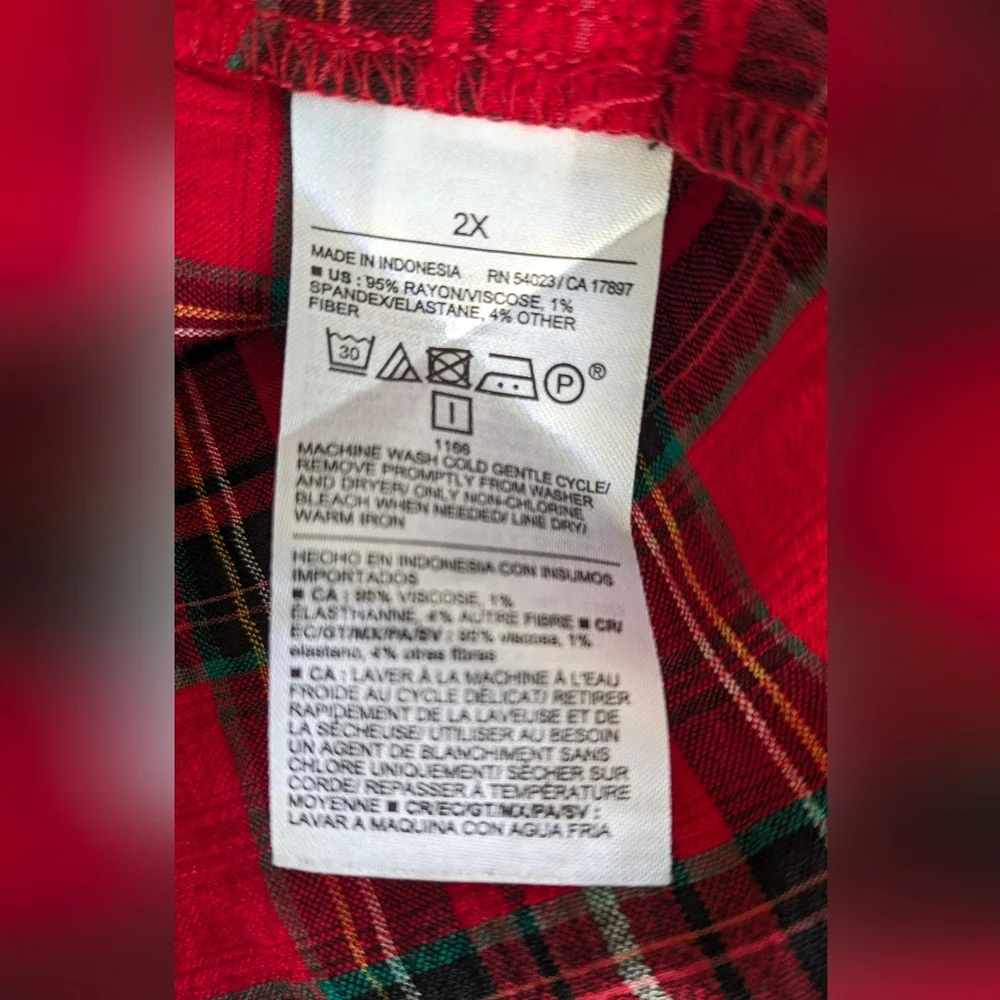 OLD NAVY Pullover Peasant Top Women 2X Red Buffalo Plaid Puff Sleeves V-neck New
